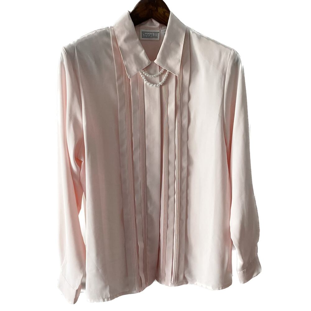 Christie & Jill Vintage Blush Pink Pintuck Secretary Blouse Pearl Chain Size 8 - Picture 2 of 9
